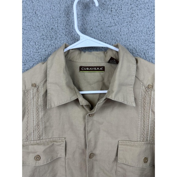 Cubavera Shirt Mens Medium Tan Short Sleeve Linen Blend Button Up Camp Casual
